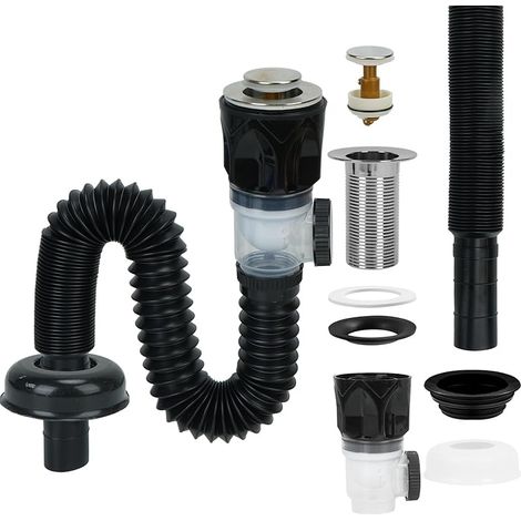 Bonde de Lavabo Siphon Lavabo Kit Syphon Lavabo Salle de Bain Siphon Evier Cuisine Evacuation Evier avec Tuyau de Vidange Rétractable et Bouchon Vidange Escamotable Extensible de 230 à 800mm