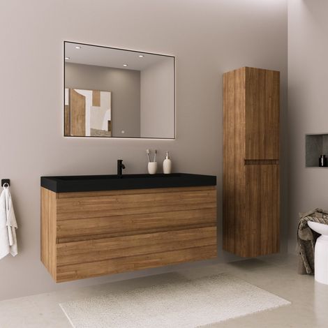 Ensemble meuble de salle de bain 100 cm – Meuble sous-lavabo chêne chaud – Lavabo noir – Armoire colonne 140 cm avec fermeture douce (1/5)