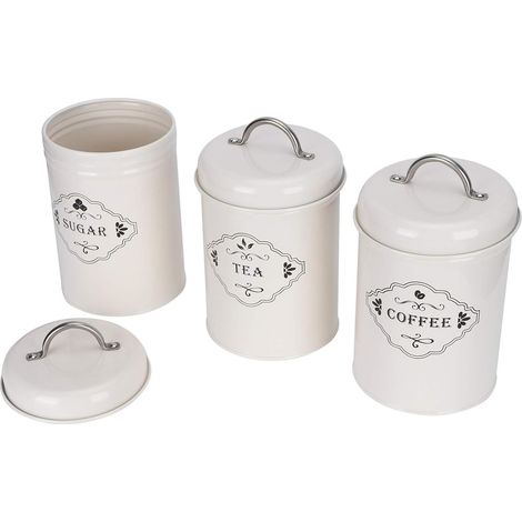 Set of 3 Kitchen Storage Jars, Creamy White, Airtight, with Powder-Coated Iron Sealed Lids, for Coffee, Sugar, Tea (1/5)