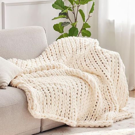 Tricoté à la main chaud chenille couverture Home Decor doux fil épais tricot couverture air conditionné couverture - blanc (1/5)