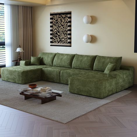 Divano angolare a sinistra modulare a 4 posti con pouf removibile in velluto a coste, compresso, non richiede montaggio, 340x175x83 cm, verde (1/5)