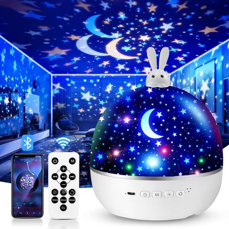 Veilleuse Bébé Projecteur Ciel Etoile, 6 Films Veilleuse Enfant, Bluetooth Veilleuse Musicale et Lumineuse, 360°Rotation Telecommandé Veilleuse Enfant Lampe de Chevet