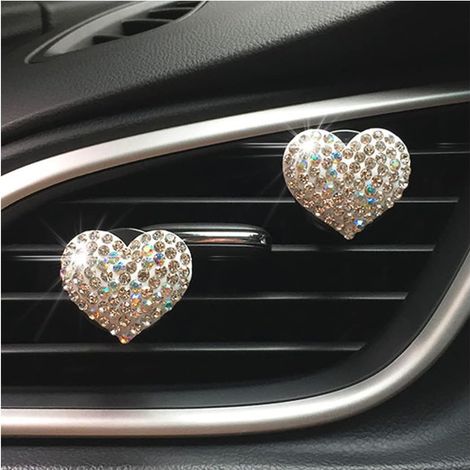 Lot de 2 breloques à clipser pour grille d'aération de voiture, désodorisants en forme de cœur en cristal, diffuseur d'huile en strass pour sortie de climatisation (blanc)