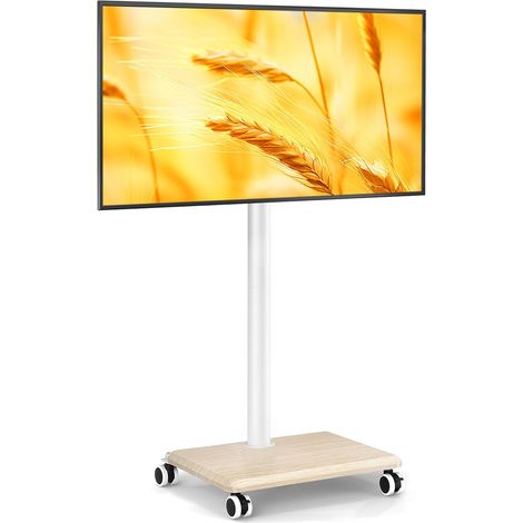 Support TV roulettes Blanc pour Téléviseurs 27-60 Pouces, Support TV sur Pied Mobile Réglable en Hauteur et Pivotant avec Base en Bois - VESA Max 400x400mm, Poids Max 40kg (Beige) (1/5)