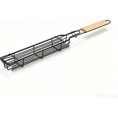 Panier à griller antiadhésif en acier au carbone avec poignée en bois - Dimensions : 49 x 4,5 x 3,5 cm, idéal pour les brochettes et le barbecue, outil d'extérieur durable et pratique (1/5)
