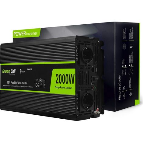 Inverter di Potenza GreenCell KFZ 12V a 230V 2000/4000W con Convertitore di Corrente per Auto e Veicoli, Nero (1/5)
