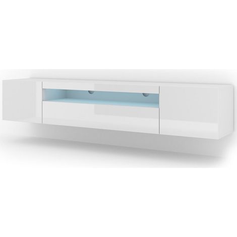 Mobile TV Aura 200x37x42H Cm Led incluso mobile sospeso o a terra con piedi Corpo: bianco opaco, frontali: bianco lucido
