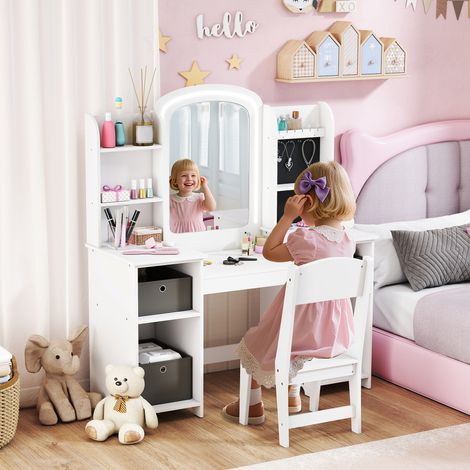Coiffeuse pour enfants avec tabouret et miroir LED. table de maquillage pour 3 à 8 ans. 104 x 40 x 112 cm. blanc