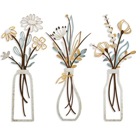 Décoration murale florale en métal (3 pièces) – Style Ferme rustique et Salon minimaliste (Beige, Vase-C)
