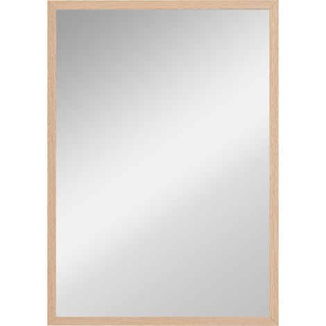 Espejo de pared rectangular 50 x 70 cm con 4 ganchos, marco efecto madera natural, MDF (1/5)