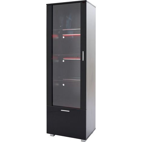 Vitrina negra brillo alto con puerta acrílica y LED, 3 estantes de vidrio templado (1/5)
