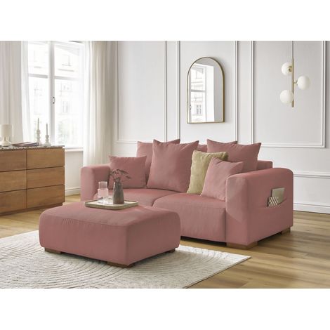 BOBOCHIC - Canapé droit fixe 2 places SIDONIE velours côtelé avec pouf Rose (1/5)