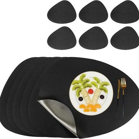 Ensemble de 6 sets de table et sous-verres noirs. Set de table en similicuir, antidérapant, facile à nettoyer, imperméable, (1/5)