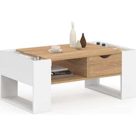 Idmarket – Table basse rectangulaire BERYL – Tiroir bois blanc – Dimensions 100x50x40cm – Design moderne avec niches de rangement (1/5)