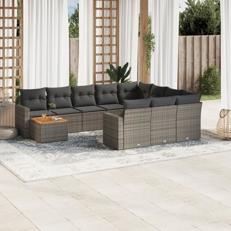 11-tlg. Garten-Sofagarnitur mit Kissen Grau Poly Rattan (1/3)
