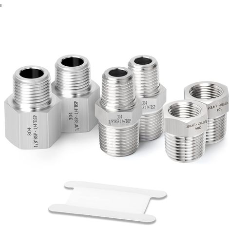 6 pièces 3/8" BSP x 1/4" forgé raccord de tuyau en acier inoxydable, douille hexagonale, adaptateur réducteur, connecteurs mamelon hexagonaux réducteurs - 1/8 1/4 (1/5)