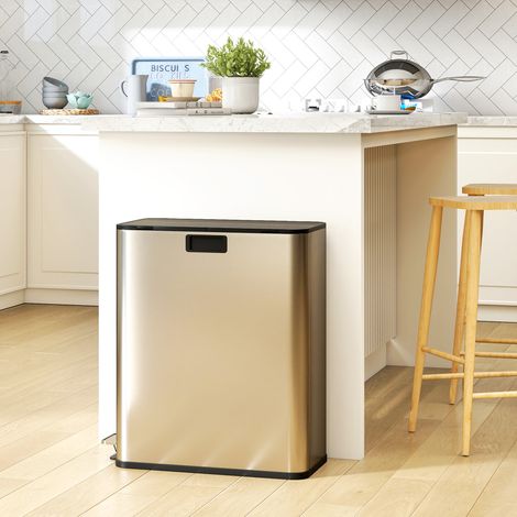 Poubelle de cuisine 2 x 28L en acier inoxydable à pédale avec couvercles à fermeture douce, seaux intérieurs amovibles (1/5)