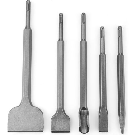 Juego de 5 cinceles SDS-Plus para taladro percutor rotativo: acero endurecido, puntas universales (lisas, ranuradas, planas, para tallar, puntiagudas).