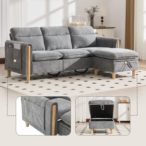 Canapé trois places avec tabouret de rangement, canapé en tissu en L avec poches latérales et pieds de table en bois, idéal pour les salons et les petites pièces (Gray Chenille) (1/5)