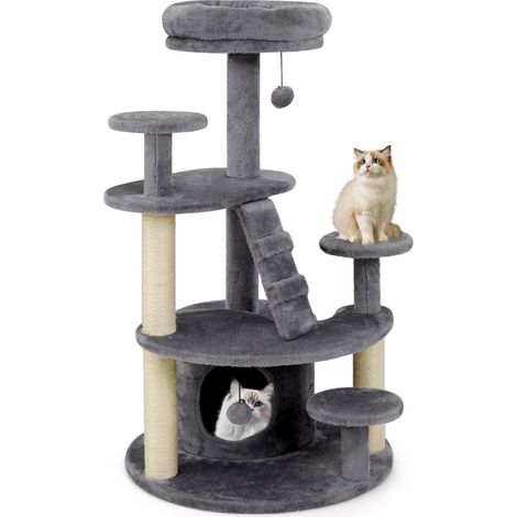 COSTWAY Albero per Gatti Adulti, Torre per Gatti Alta 101 cm con Condominio, Piattaforma Imbottita, Tiragraffi, Pallina di Peluche Pendente e Scala, Albero Tiragraffi in Legno per Interno (Grigio) (1/5)
