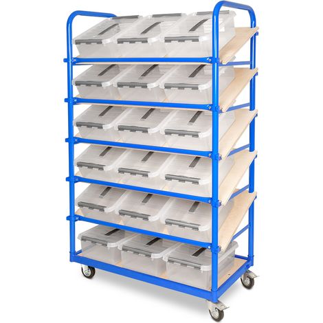 BRB Schrägboden-Regalwagen mit 6 Ebenen, BxTxH 1050x500x1690 mm, 2 Lenk-/2 Bockrollen, bestückt mit 18 Clipboxen je 12 Liter