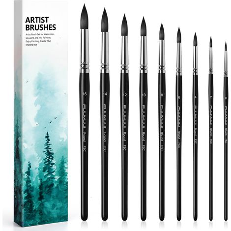 Pinceaux Aquarelle - 9 Pinceaux Ronds d'artiste pour Aquarelle,Gouache  Pinceaux en Poil D’écureuil Synthétique pour Un Flux Constant  Watercolour Brushes, Pinceau Poil Synthétique (1/5)