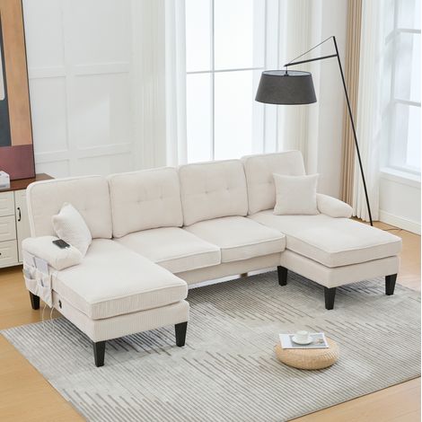 Sofá panorámico en U 250/130/88 cm beige de lino con 2 chaise longues, USB y Type-C (1/5)