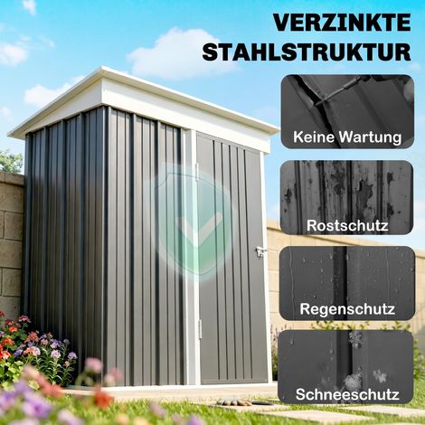Abri extérieur en tôle nervurée gris foncé, rangement mural pour outils, étagères ajustables, porte sécurisée verrouillable.