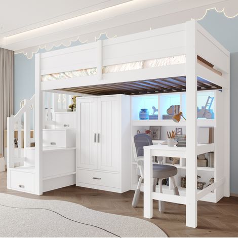 Bett Hochbett 90x200 mit Schreibtisch und Stauraum OKMYHOME (1/5)