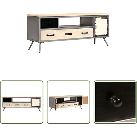Meuble industriel -  Meuble TV Bois de manguier massif et acier 120x30x45 cm (1/5)