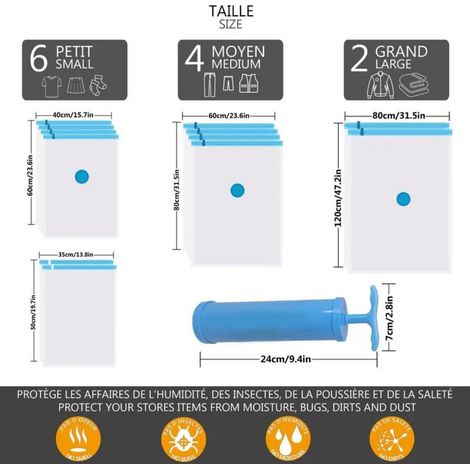 Sac de compression sous vide pour couettes et vêtements de voyage-35x50cm/40x60cm/60x80cm/80x120cm,12pcs+1pc pompe (1/4)