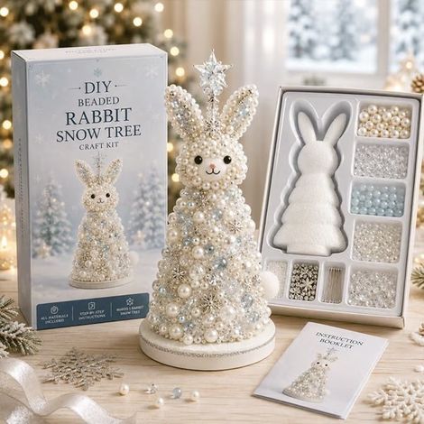 Praktisches und trendiges tragbares DIY-Set für einen Perlenweihnachtsbaum – Tier-Perlenweihnachtsbaum zum Selbermachen – Weißes Kaninchen –