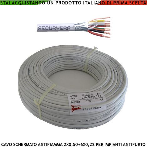 Cavo Flessibile Antifurto Schermato 2X0,50+6X0,22 mm² Guaina PVC Bianco Prot. Alluminio/Poliestere Drenaggio Conduttore Fili 7 Ø 0,19 mm Twistato Per Impianti di Allarme Antifurto Norma CEI 20/22-III (1/2)