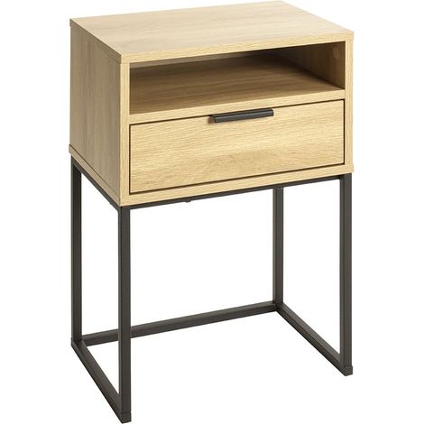 Table de chevet Console avec tiroir coloris effet chêne et pied en métal noir - Longueur 40 x Profondeur 28 x Hauteur 60 cm (1/5)