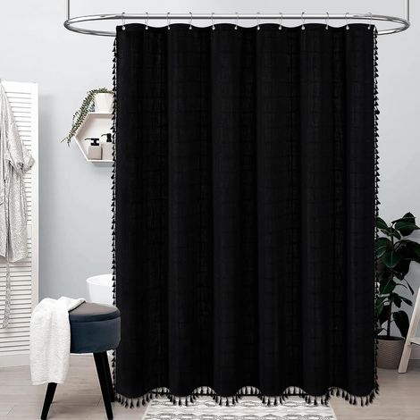 Cortina de ducha bohemia con borlas, de tela de lino, ideal para la decoración del baño, 183 x 213 cm (negra). (1/5)