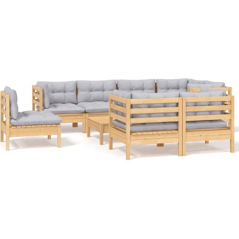 Mobili da giardino mobili da esterno Set di mobili da 9 pezzi con cuscini grigi in legno di pino massiccio