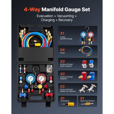 Kit de Recharge de Réfrigérant de Climatisation Automobile R134a R404A R1234yf et R22, Manomètre Frigoriste 4 Voies, pour Fluide Fr… (1/5)