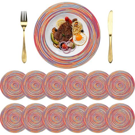 Set de 12 sets de table lavables ronds tressés, 38 cm de diamètre, sets de table amovibles, antidérapants, résistants à la chaleur et aux salissures, beige, pour mariage, restaurant, cuisine (1/5)