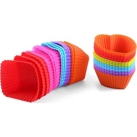 Muffin Cups - Silicone Baking Cups 2.75 Inch - Reusable Non Stick Cupcake Liners - Heart And Square Shape - For Oven Use - Pack Of 30