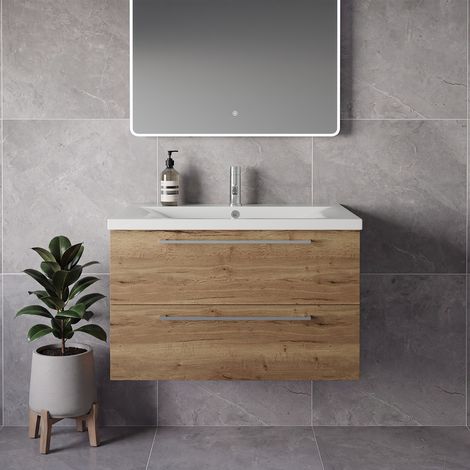 Napoli 460 Tobacco Oak 800mm Wall Mounted 2 Drawer Vanity Unit with Glide Basin - 800mm - Chrome 480mm Handle