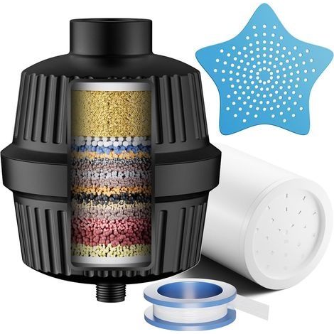 Filtre de Douche 34 Étapes avec Vitamine C pour Eau Dure, Filtre Anti-Calcaire avec 2 Cartouches pour Éliminer le Chlore et les Métaux Lourds, Filtre de Douche, Noir (1/5)