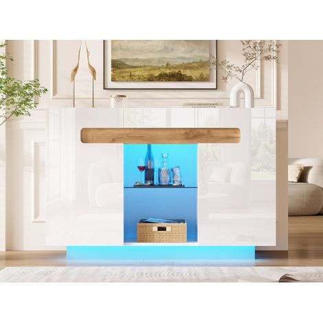 Buffet LED, 20x40x80 cm, Commode meuble de rangement pour salon et cuisine, Panneaux de particules et verre style moderne 1, Blanc et Naturel (1/5)
