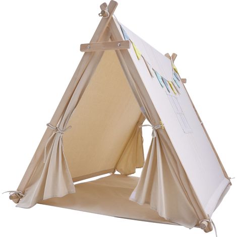 Tente tipi enfant crème 120 cm x 100 cm – 100 % coton naturel – Bois FSC 100 % – Tapis de sol inclus – À partir de 2 ans – Sunny