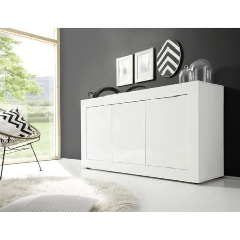 Buffet BASICO - Décor blanc laqué brillant - 3 Portes - L160 x P42 x H85,8 cm (1/5)
