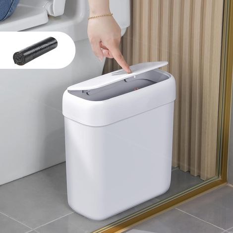 Poubelle de salle de bain avec couvercle, 11,4 l, fine, blanche, petite poubelle avec couvercle à bouton pression, poubelle de salle de bain pour WC, cuisine, chambre à coucher, bureau (1/5)