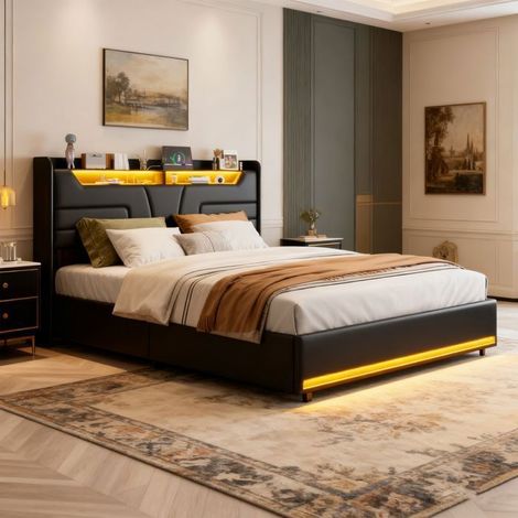 Letto 140x190 - POCKETPOP - PU nero - Testiera con Led e Usb - Struttura del Letto con Rete a Doghe in Legno - 2 posti (1/5)