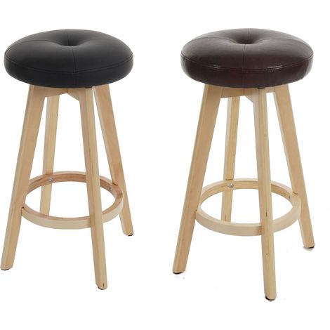 2x tabouret de bar Navan, chaise de comptoir, bois, similicuir, rotatif - noir, pieds clairs