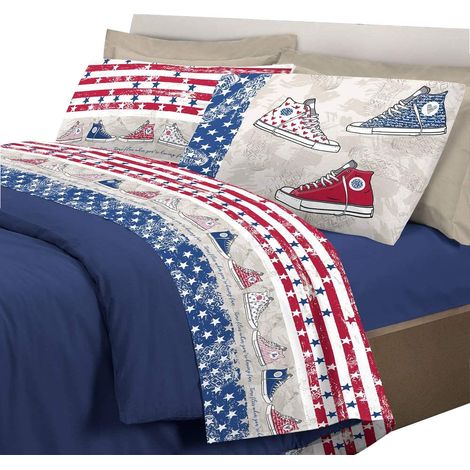 Completo letto con stampa fotografica scarpe 100% cotone 3 misure parure Ragazzo/Ragazza Blu - 1 Piazza