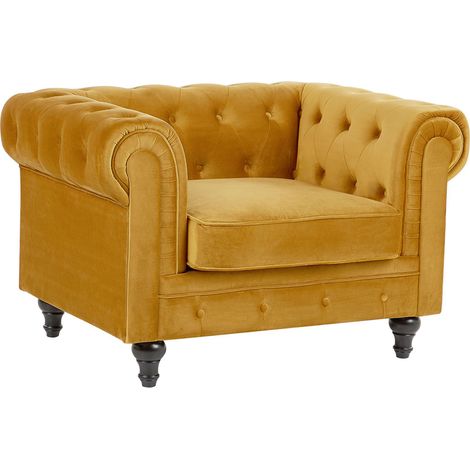 Sillón Chesterfield tapizado en tela de terciopelo amarillo patas de madera oscura estilo contemporáneo Chesterfield (1/5)