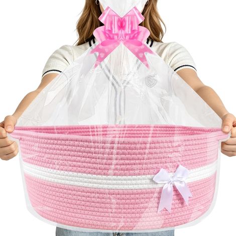 Grand ensemble de panier-cadeau – Comprend un panier vide, un sac d'emballage transparent et un nœud décoratif panier tressé avec poignée, idéal pour les mariages (Rose) (1/5)
